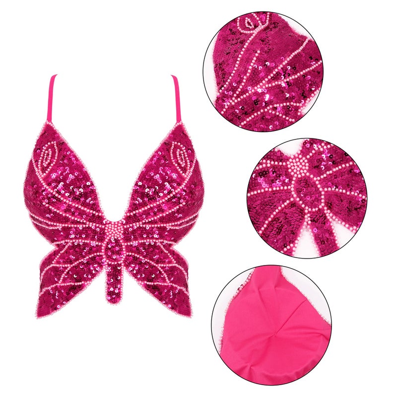 Mocure Women's Butterfly Sequin Crop Top - Sexy Sleeveless Halter Rave Wrap Tube Vest for Belly Dance & Outfits - Image 5